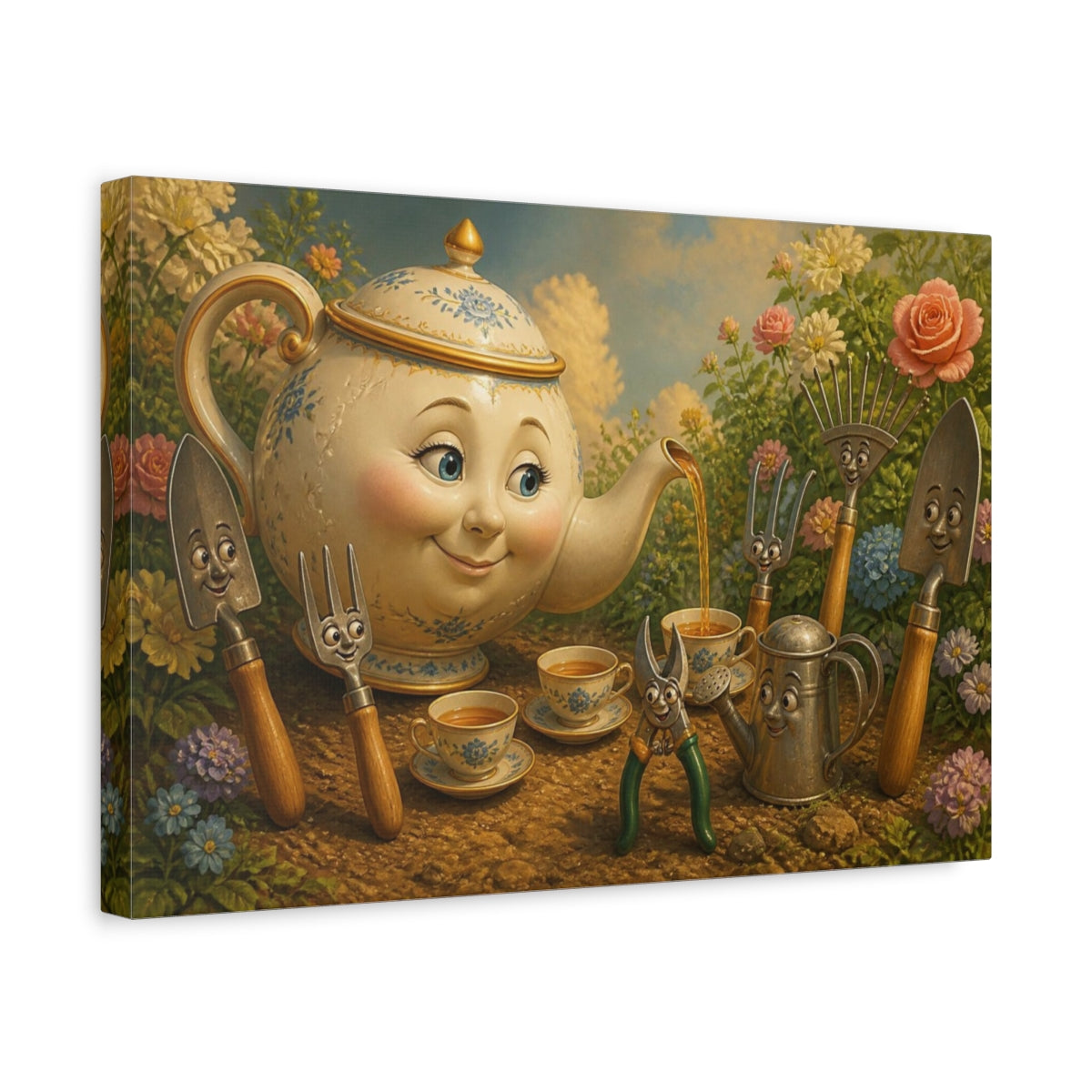 Side Mockup 4. Funny Porcelain Teapot Tea Party shown as canvas print