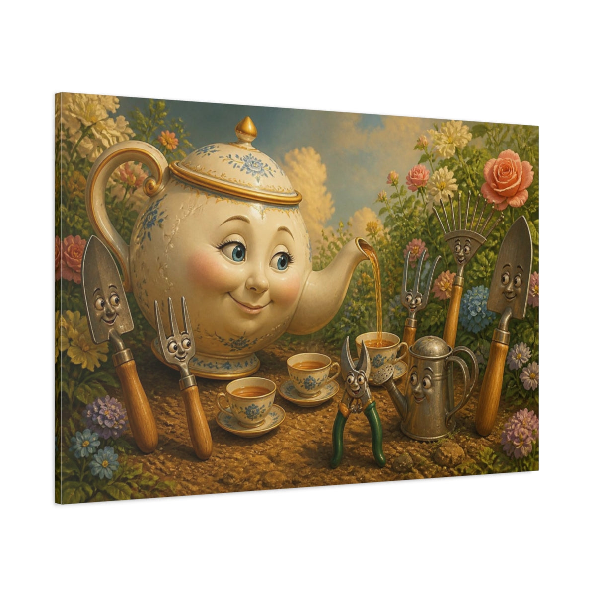 Side Mockup 1. Funny Porcelain Teapot Tea Party shown as canvas print