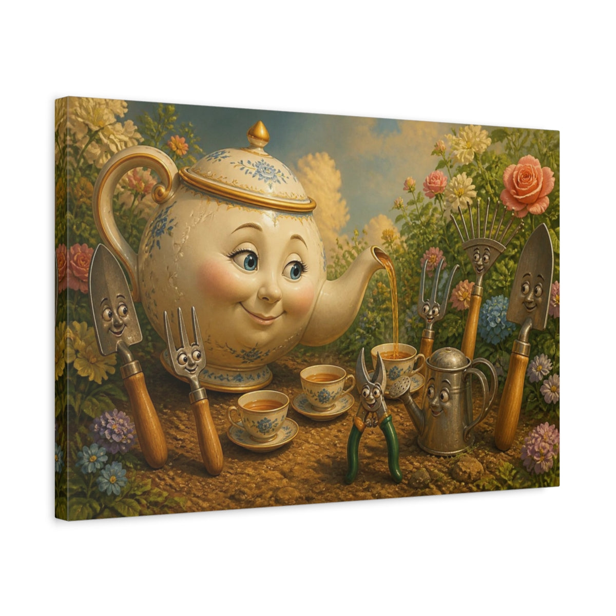 Side Mockup 3. Funny Porcelain Teapot Tea Party shown as canvas print