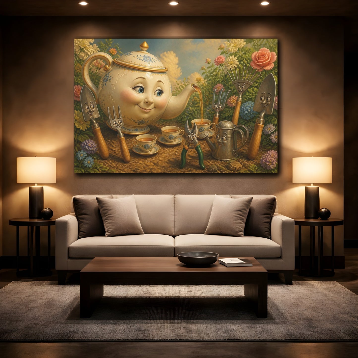 Mockup 2. Funny Porcelain Teapot Tea Party shown as canvas print