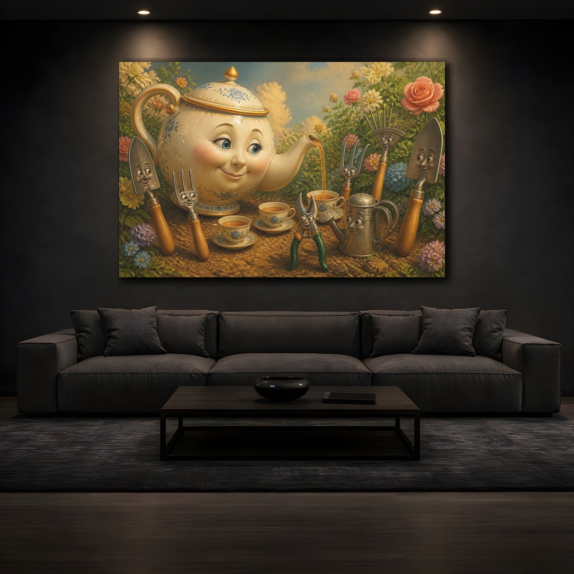 Mockup 3. Funny Porcelain Teapot Tea Party shown as canvas print