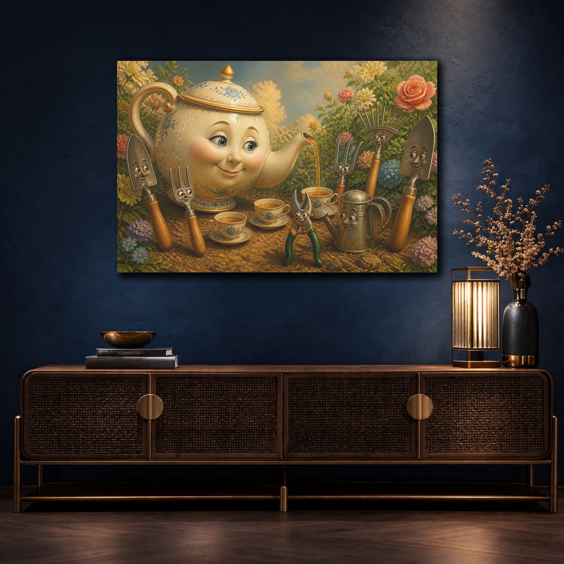 Mockup 4. Funny Porcelain Teapot Tea Party shown as canvas print