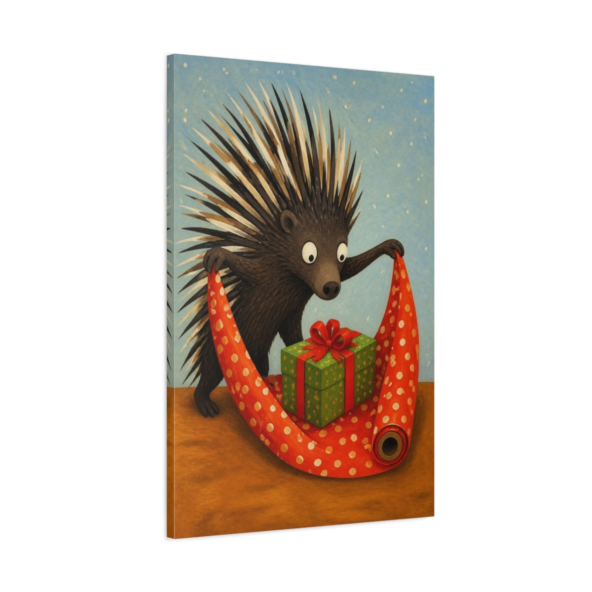 Main Mockup. Funny Porcupine Wrapping Gift shown as canvas print