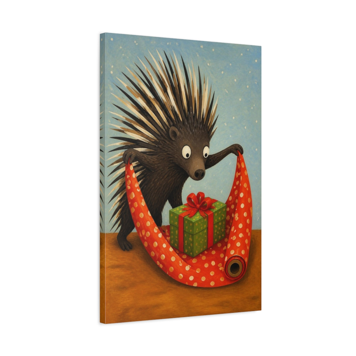 Side Mockup 2. Funny Porcupine Wrapping Gift shown as canvas print