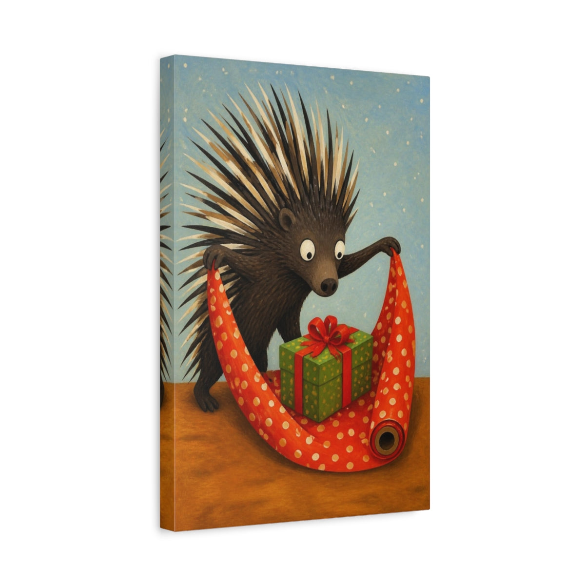 Side Mockup 4. Funny Porcupine Wrapping Gift shown as canvas print