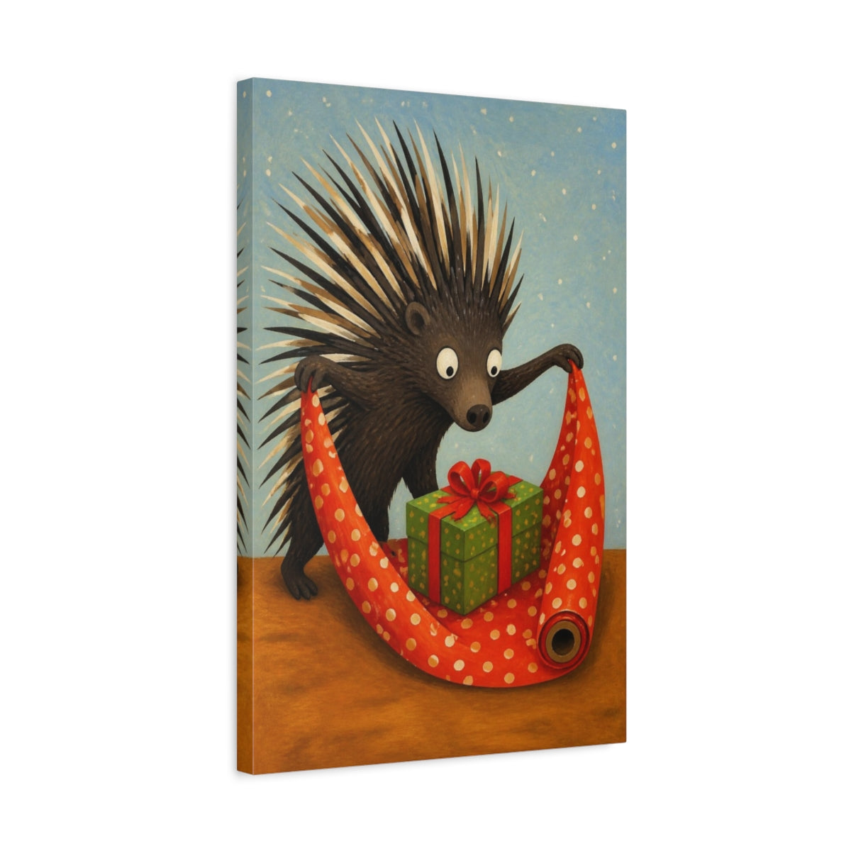 Side Mockup 3. Funny Porcupine Wrapping Gift shown as canvas print