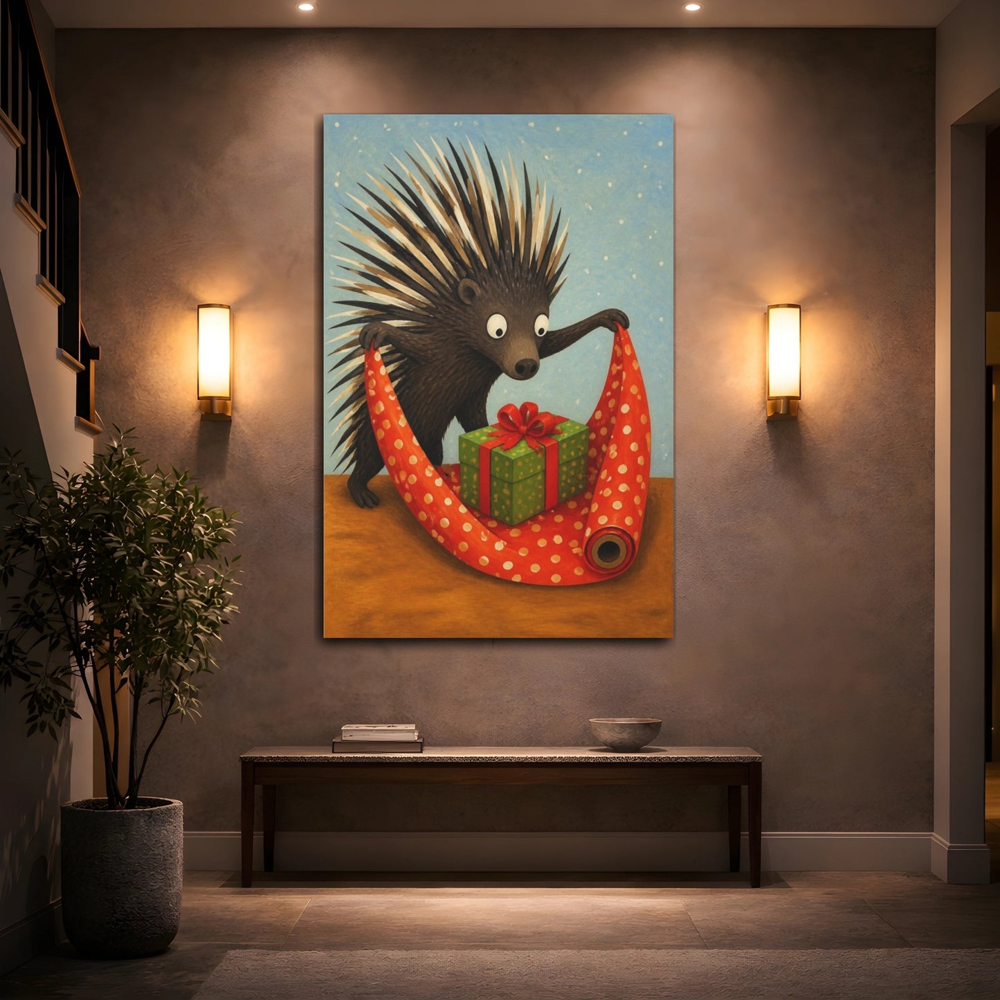 Mockup 2. Funny Porcupine Wrapping Gift shown as canvas print
