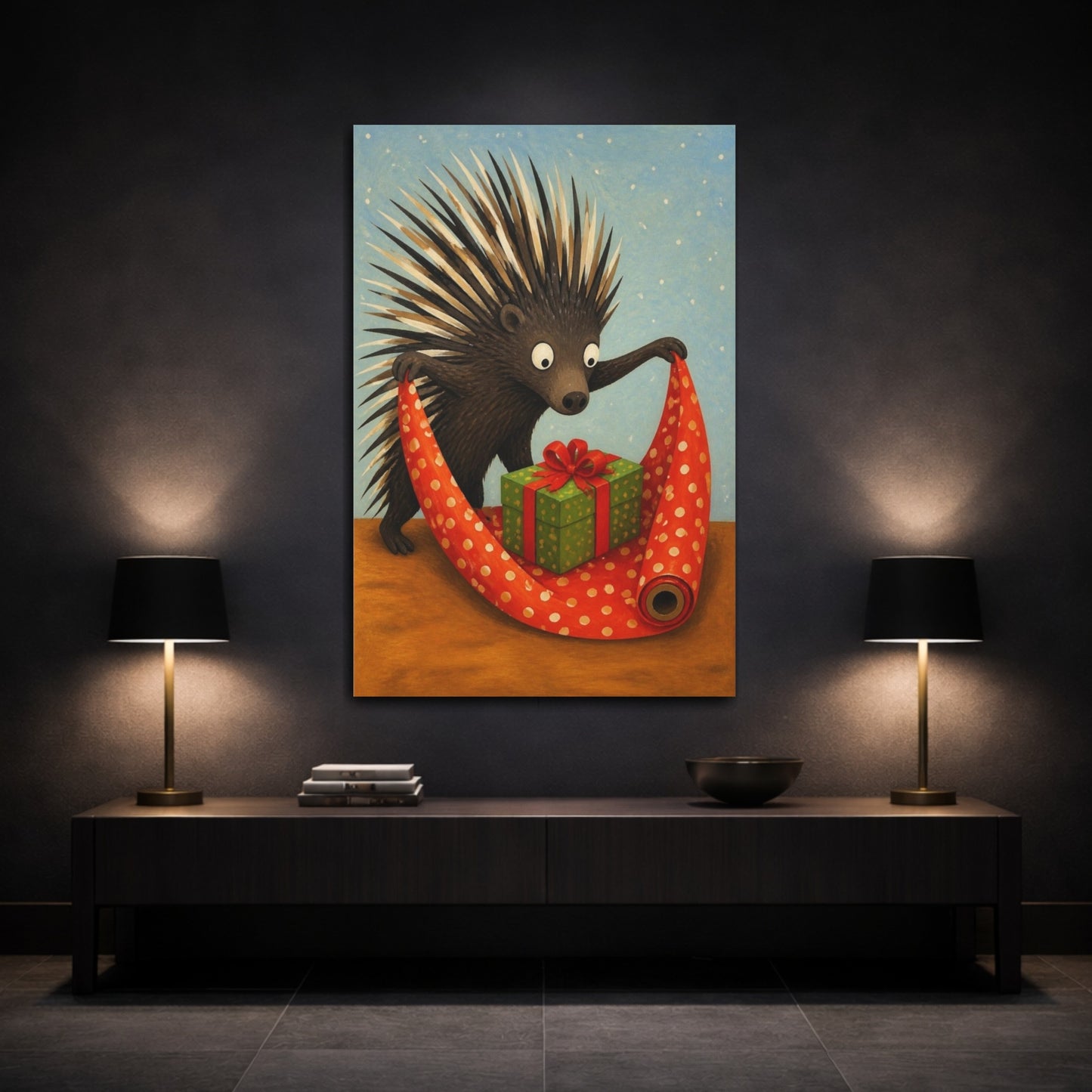 Mockup 3. Funny Porcupine Wrapping Gift shown as canvas print