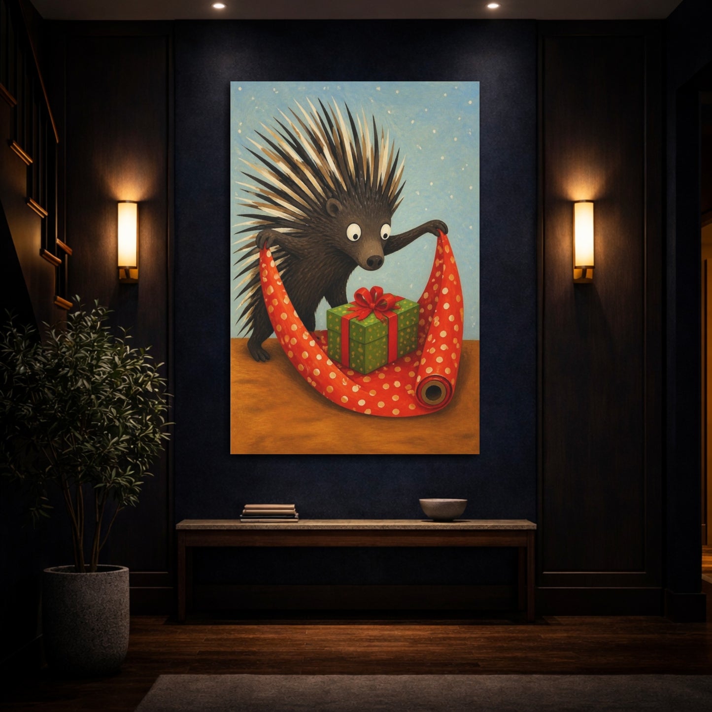 Mockup 4. Funny Porcupine Wrapping Gift shown as canvas print