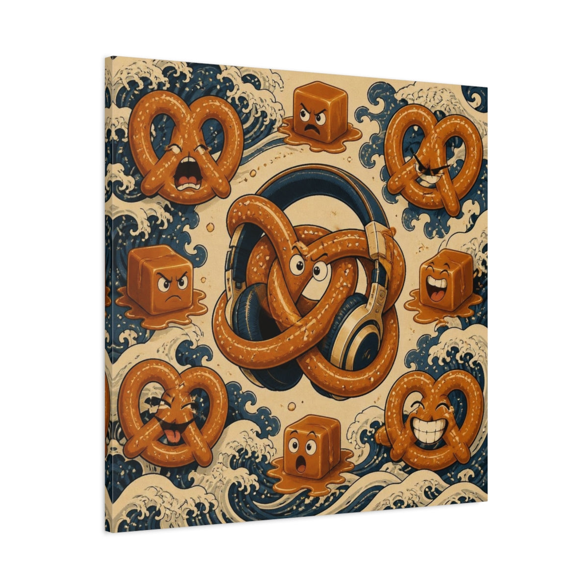 Main Mockup. Funny Pretzel Headphones shown as canvas print