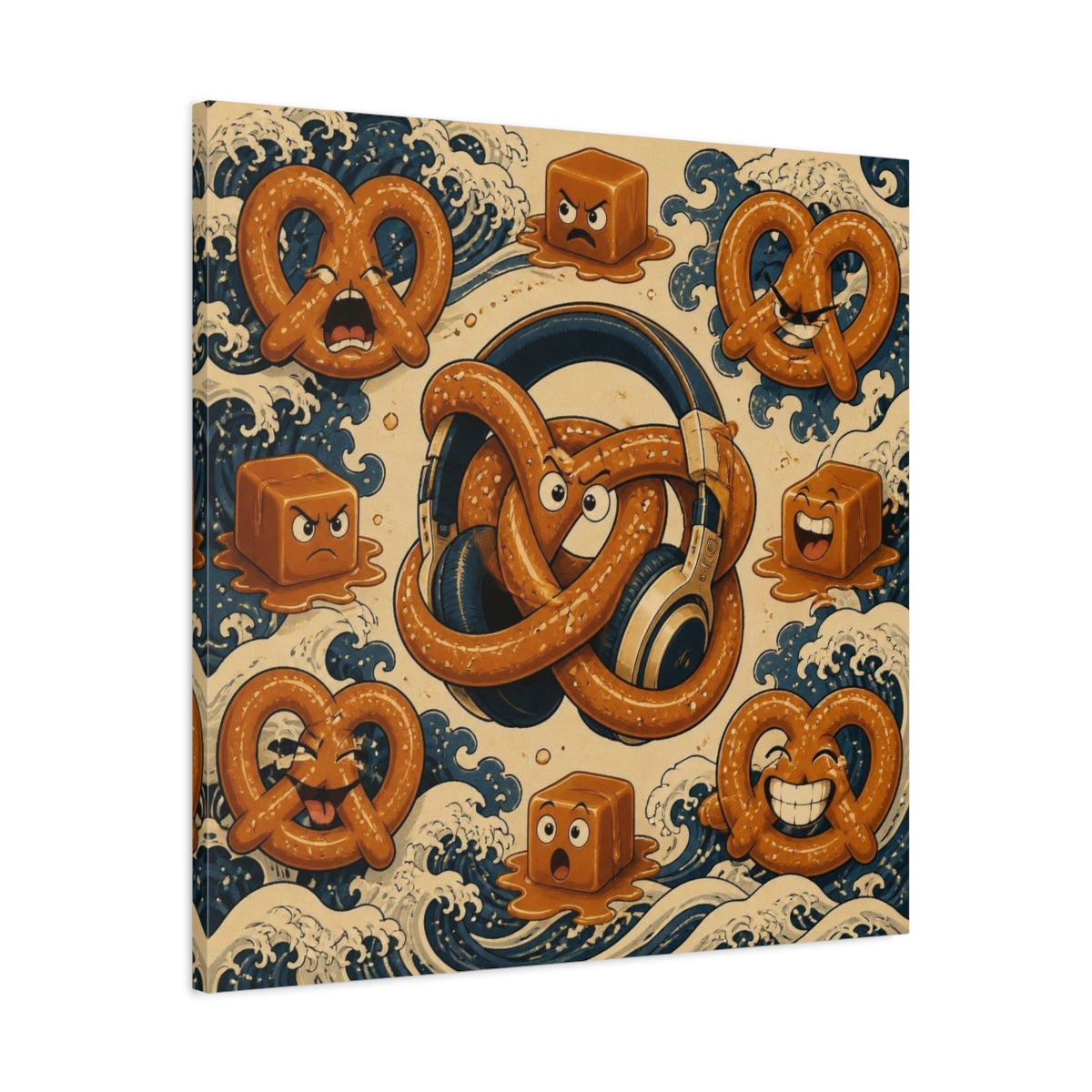 Side Mockup 3. Funny Pretzel Headphones shown as canvas print