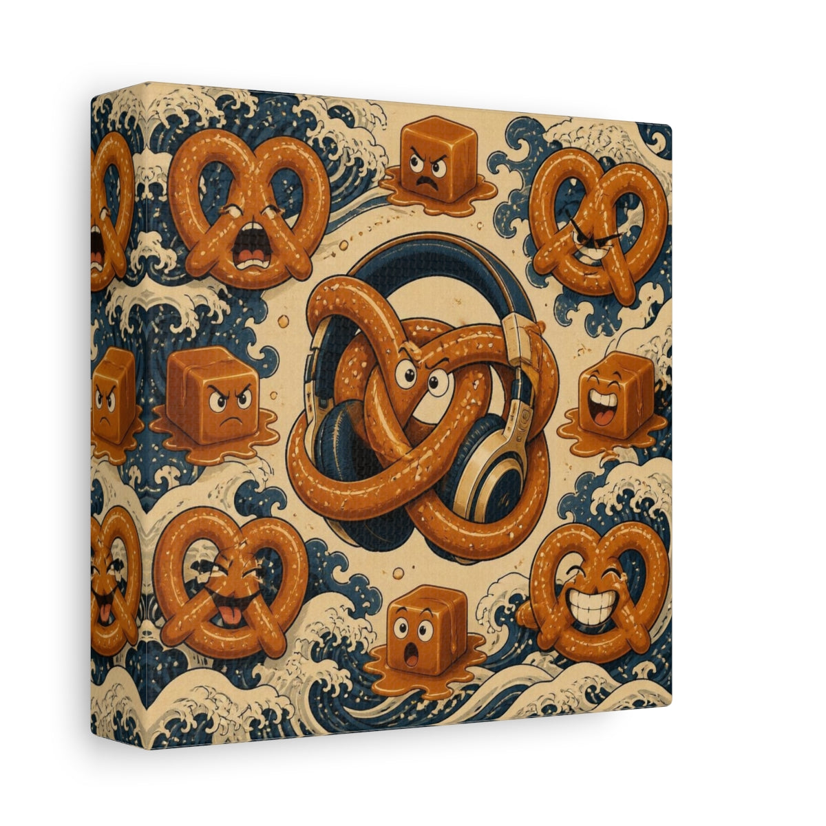 Side Mockup 2. Funny Pretzel Headphones shown as canvas print