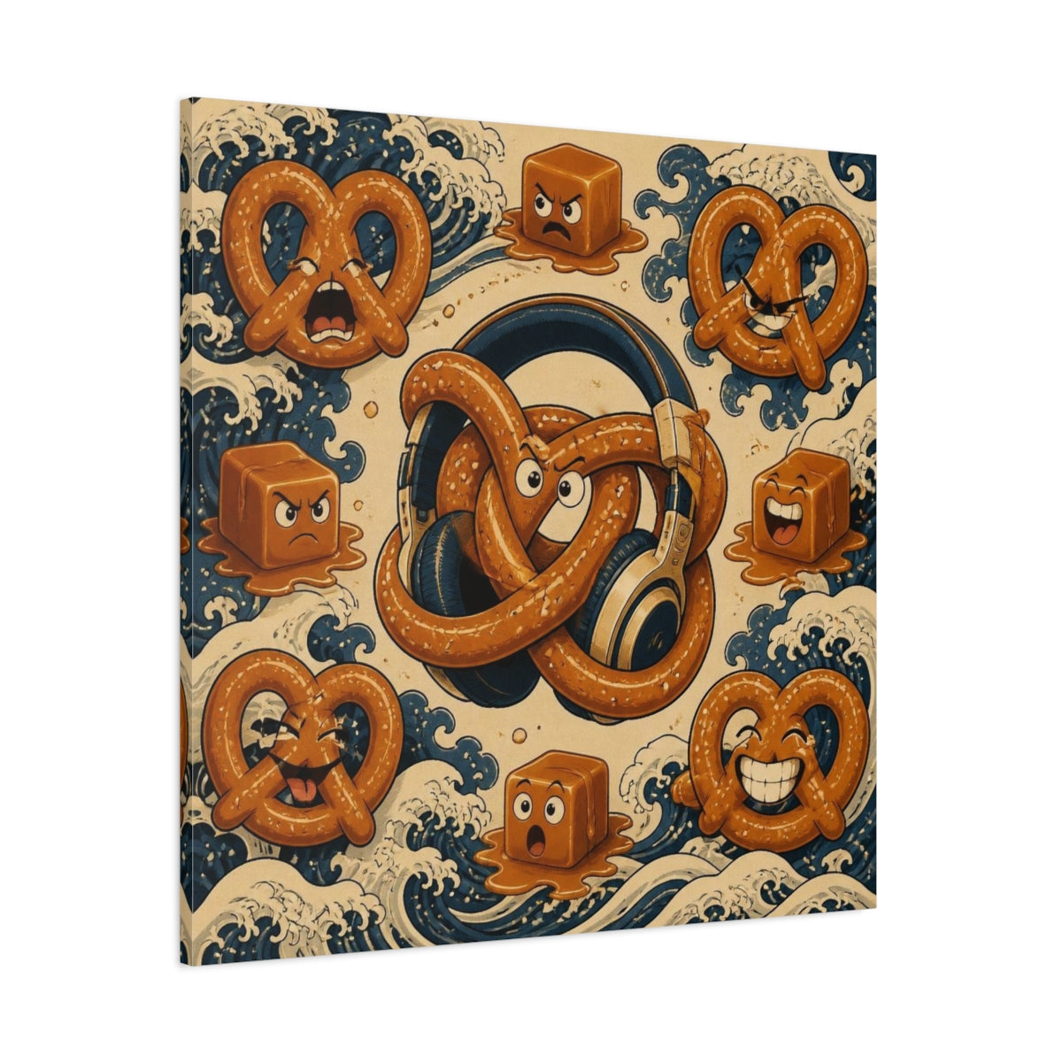 Side Mockup 1. Funny Pretzel Headphones shown as canvas print