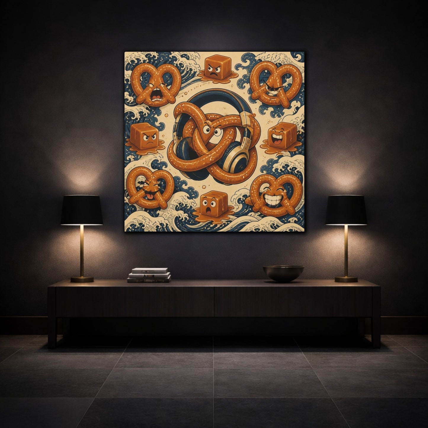 Mockup 3. Funny Pretzel Headphones shown as canvas print