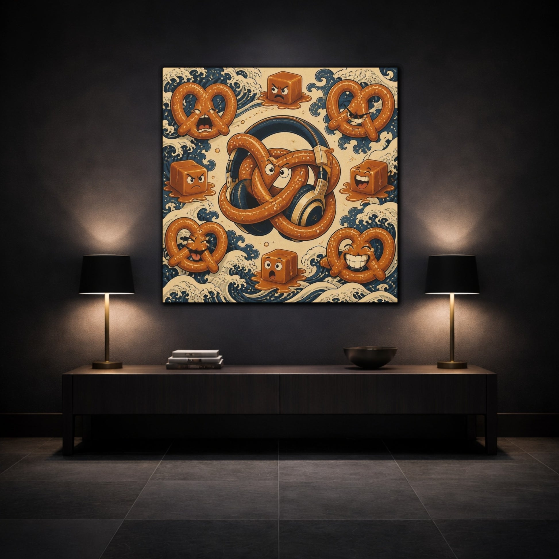 Mockup 3. Funny Pretzel Headphones shown as canvas print