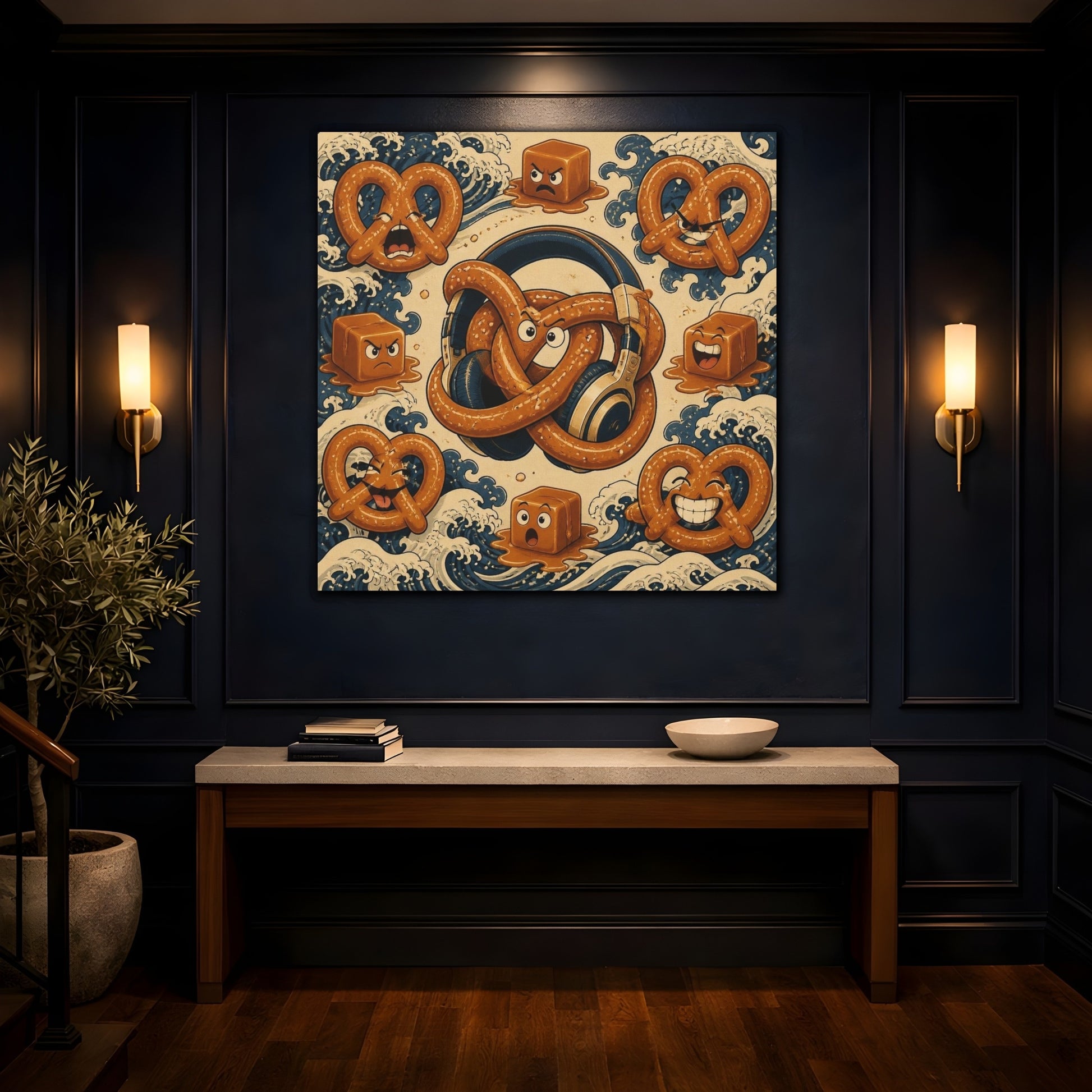 Mockup 4. Funny Pretzel Headphones shown as canvas print