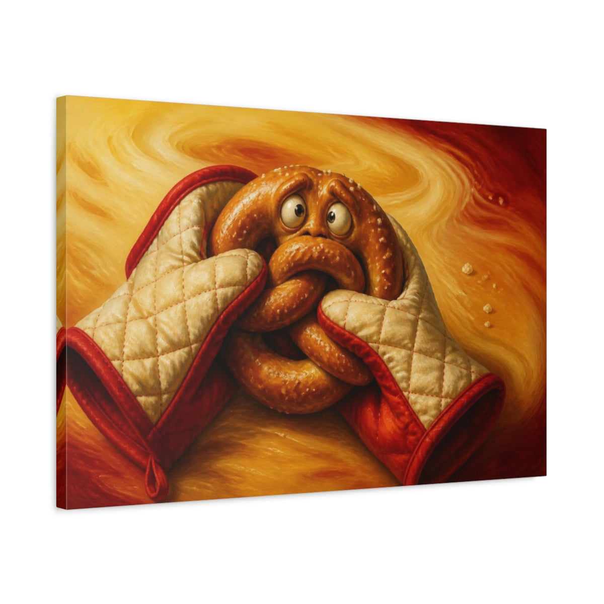 Side Mockup 2. Funny Pretzel With Oven Mitts shown as canvas print