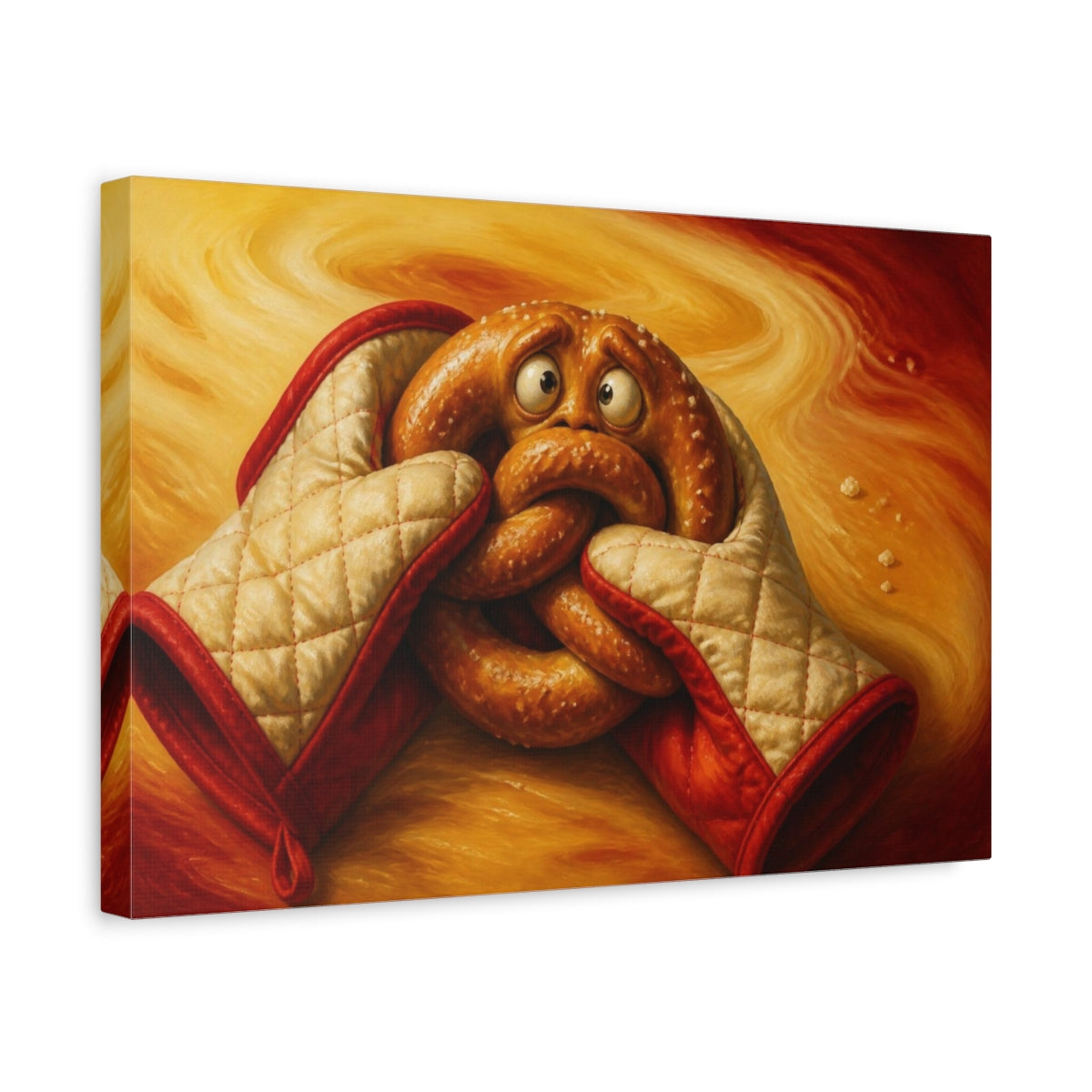 Side Mockup 4. Funny Pretzel With Oven Mitts shown as canvas print