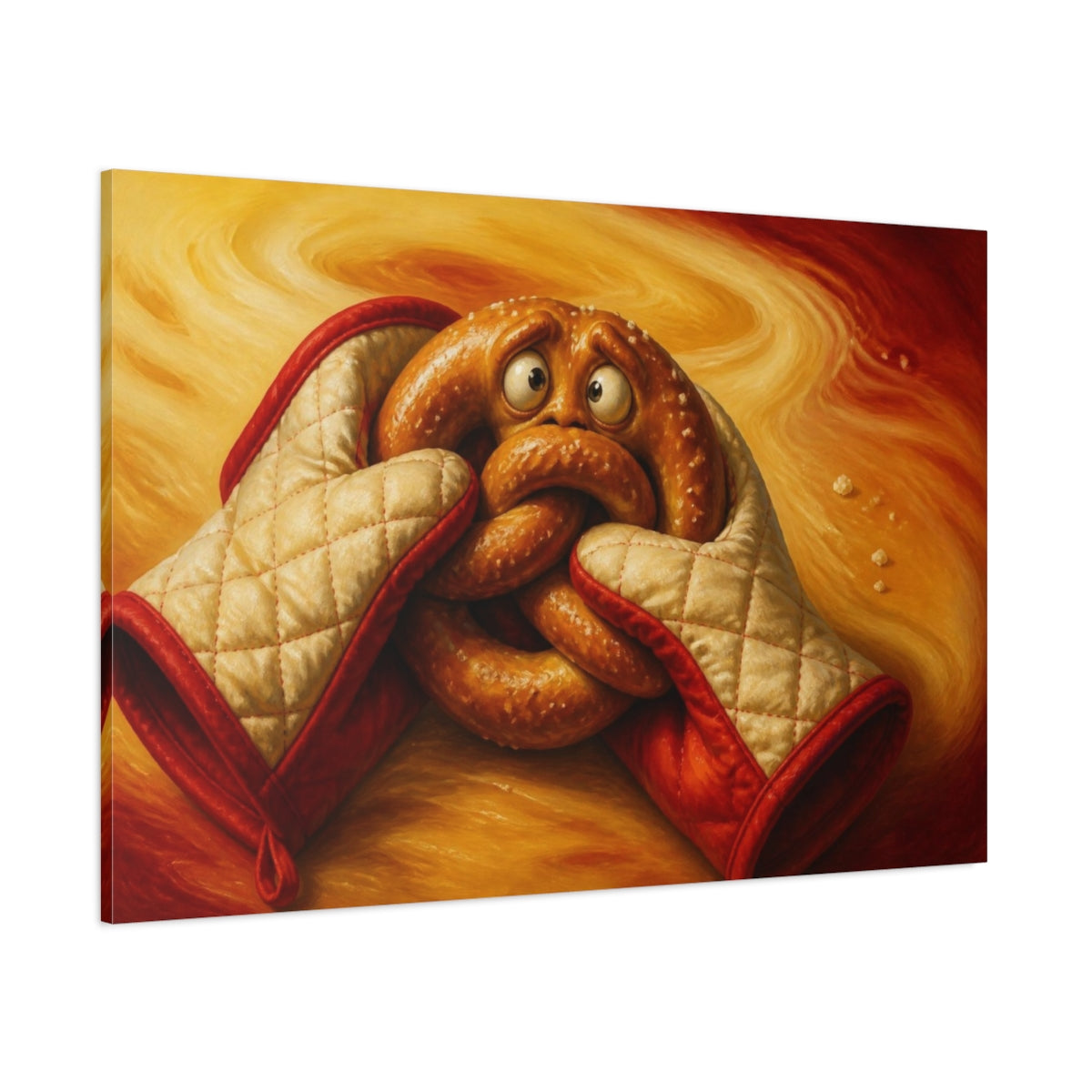 Side Mockup 1. Funny Pretzel With Oven Mitts shown as canvas print