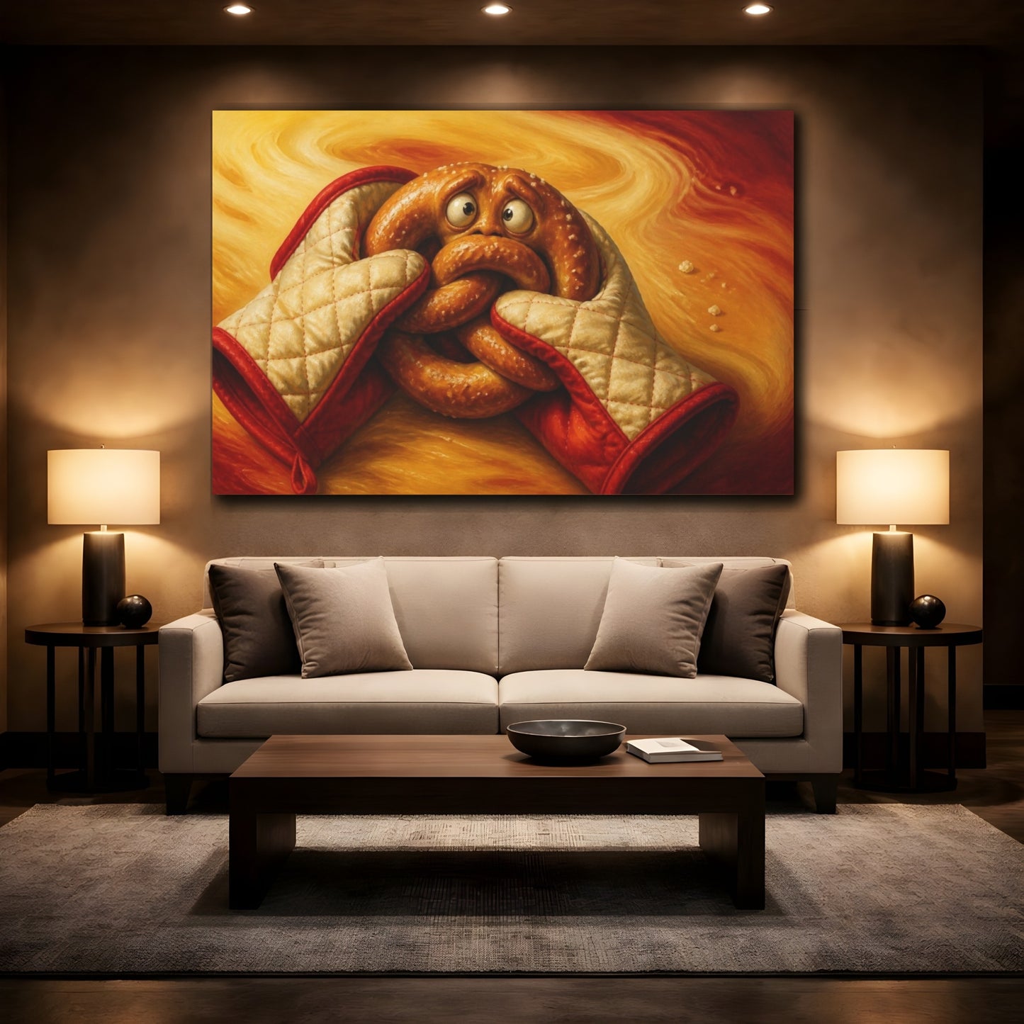 Mockup 2. Funny Pretzel With Oven Mitts shown as canvas print