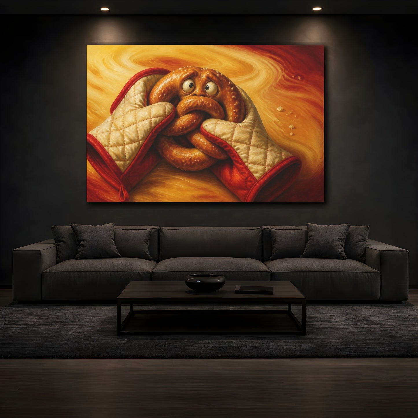Mockup 3. Funny Pretzel With Oven Mitts shown as canvas print
