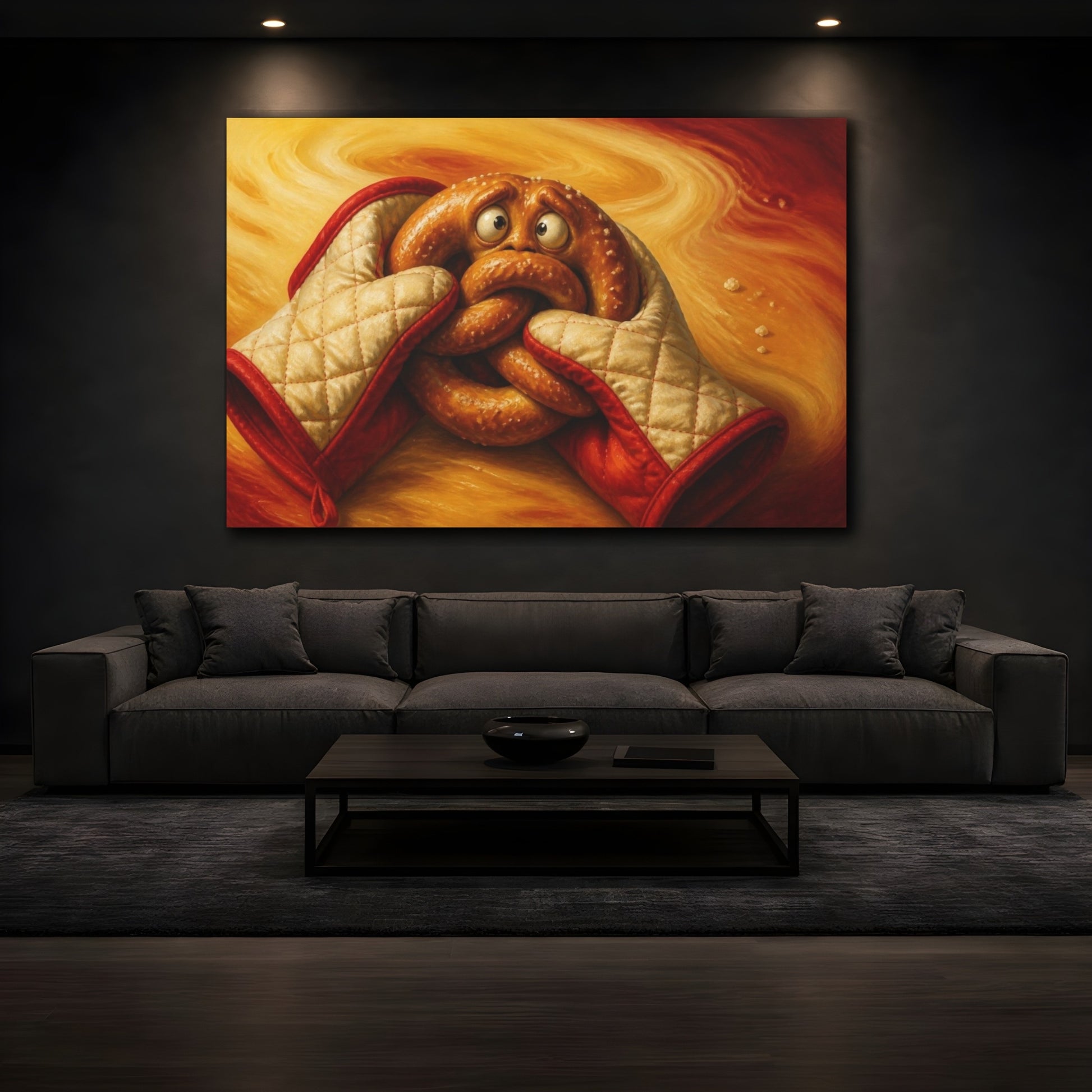 Mockup 3. Funny Pretzel With Oven Mitts shown as canvas print