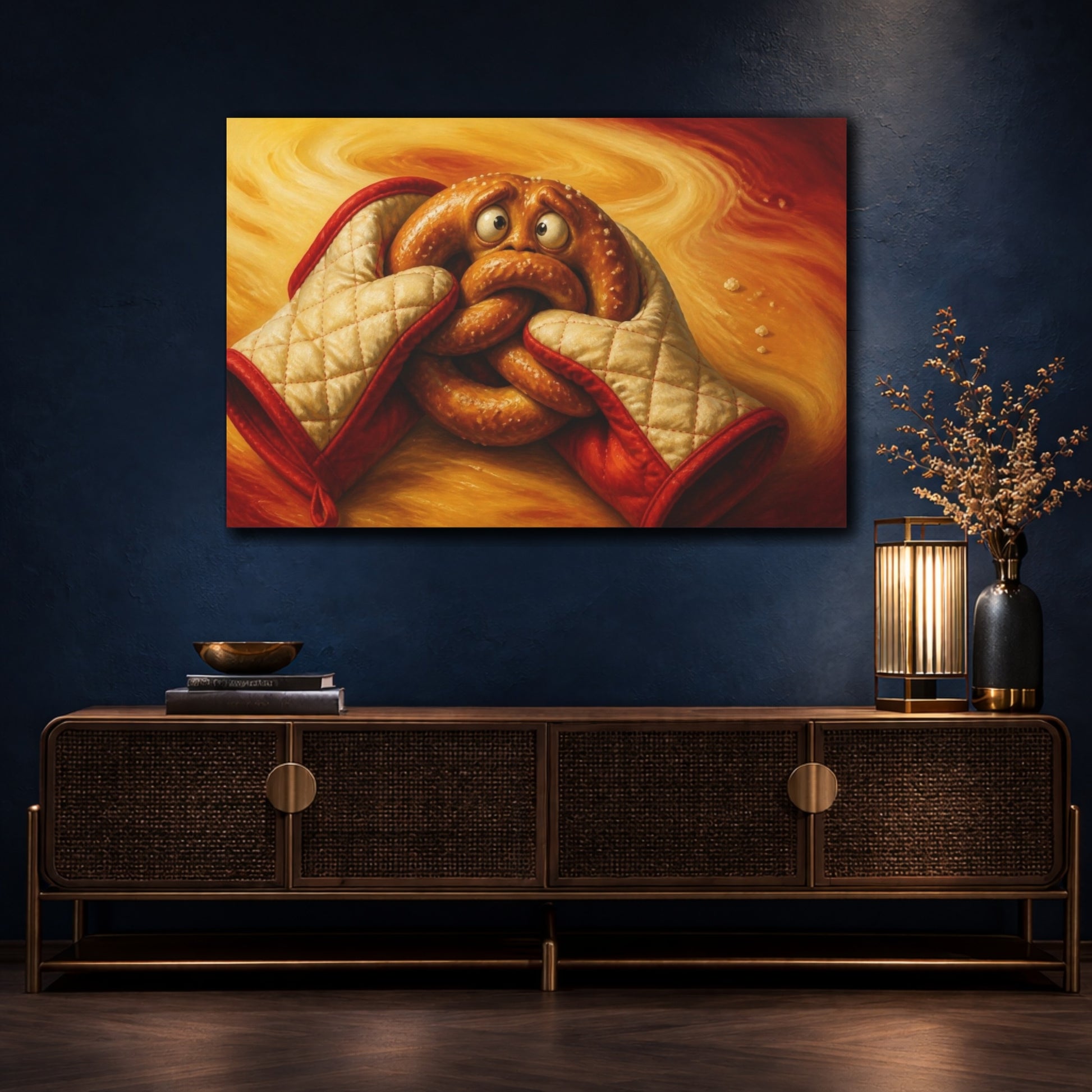 Mockup 4. Funny Pretzel With Oven Mitts shown as canvas print