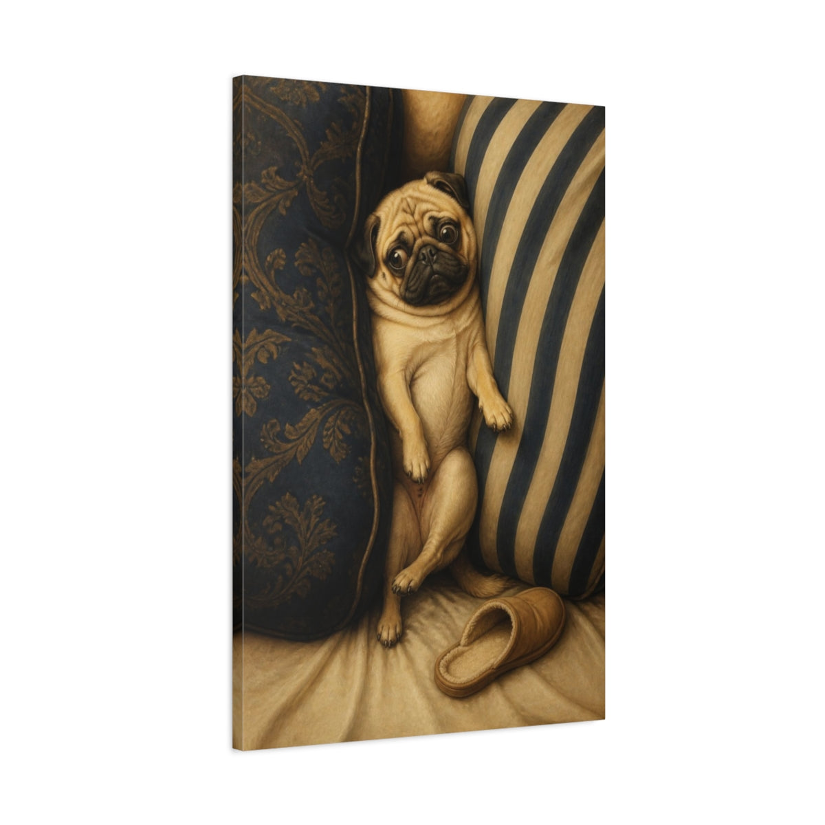 Main Mockup. Funny Pug Between Cushions shown as canvas print