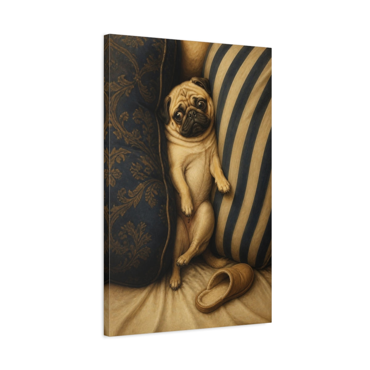 Side Mockup 2. Funny Pug Between Cushions shown as canvas print