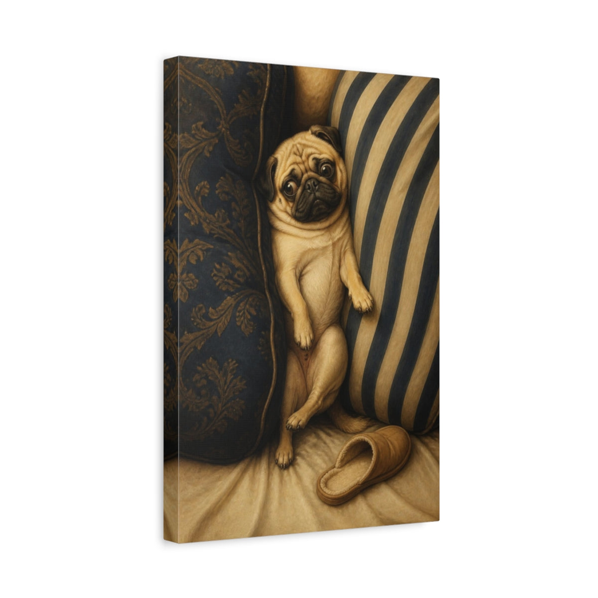 Side Mockup 4. Funny Pug Between Cushions shown as canvas print