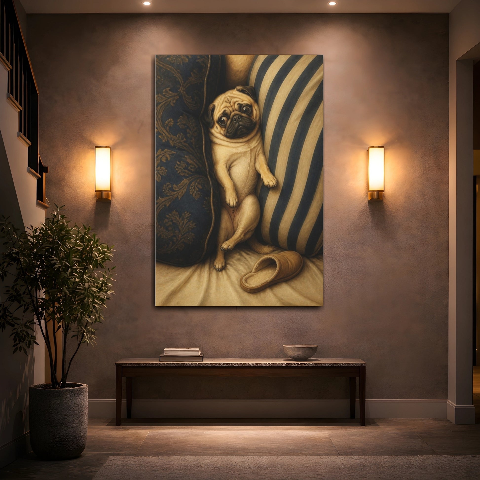 Mockup 2. Funny Pug Between Cushions shown as canvas print