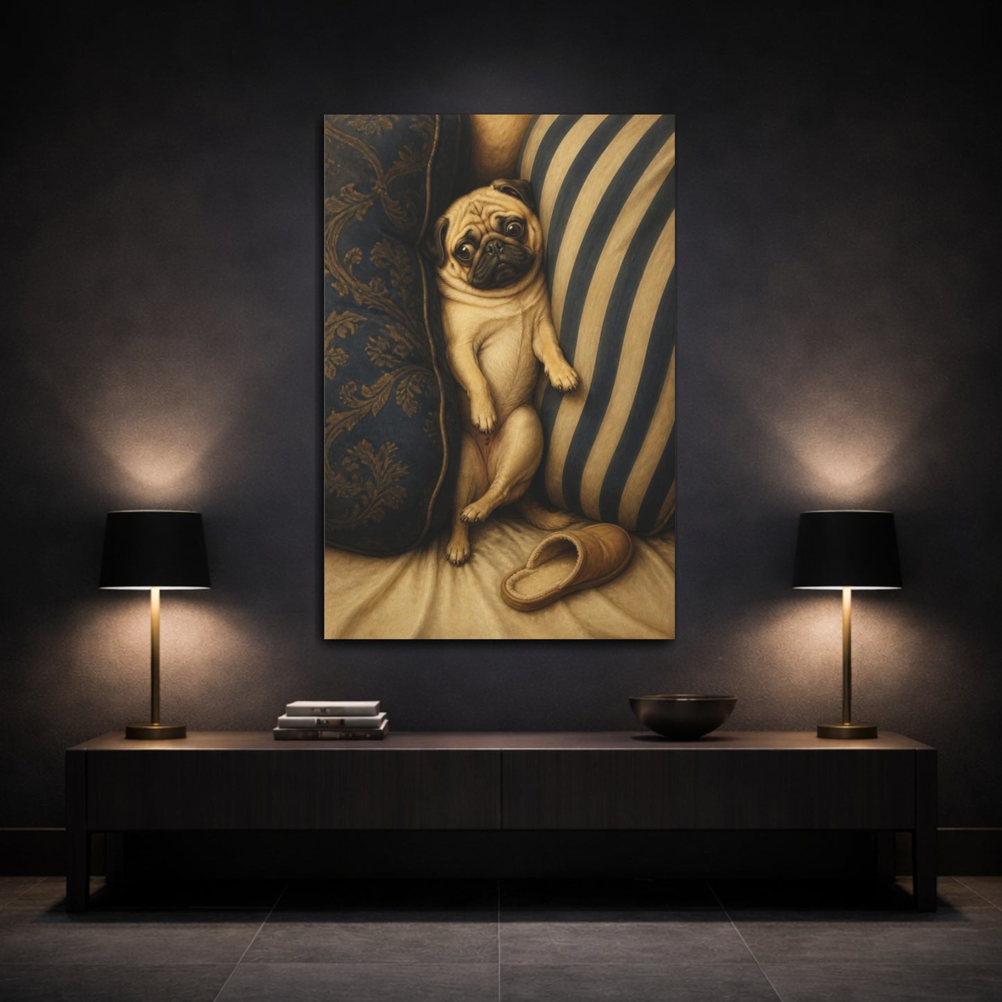 Mockup 3. Funny Pug Between Cushions shown as canvas print