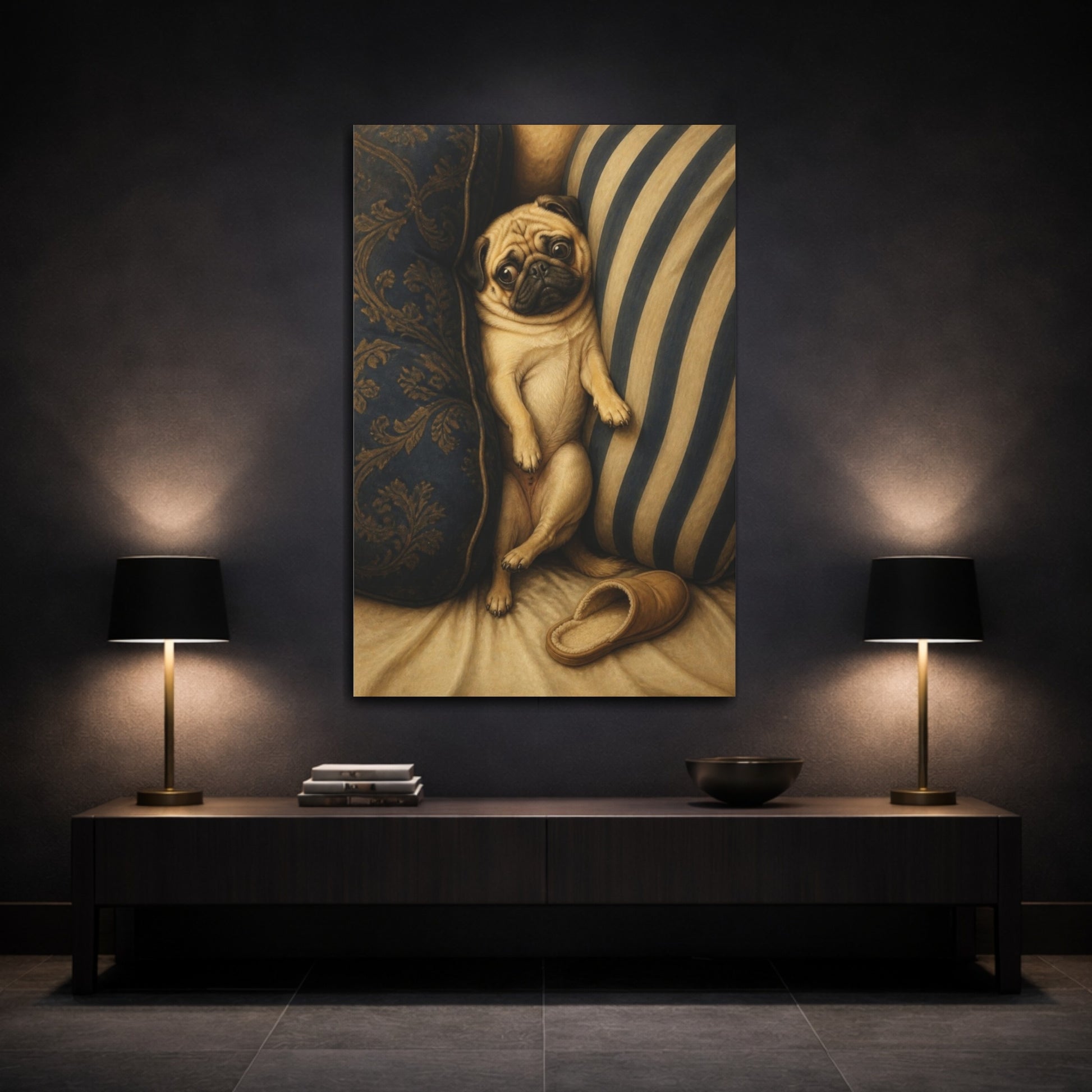 Mockup 3. Funny Pug Between Cushions shown as canvas print