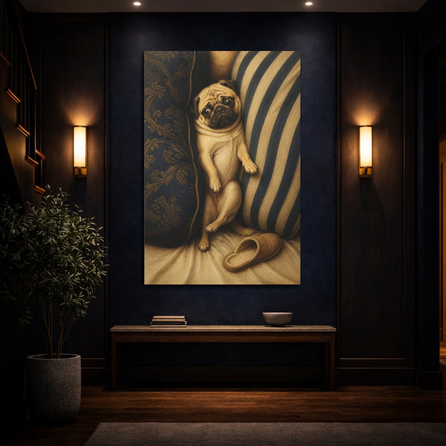 Mockup 4. Funny Pug Between Cushions shown as canvas print