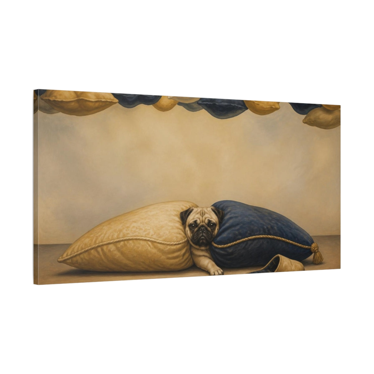 Main Mockup. Funny Pug Between Pillows shown as canvas print