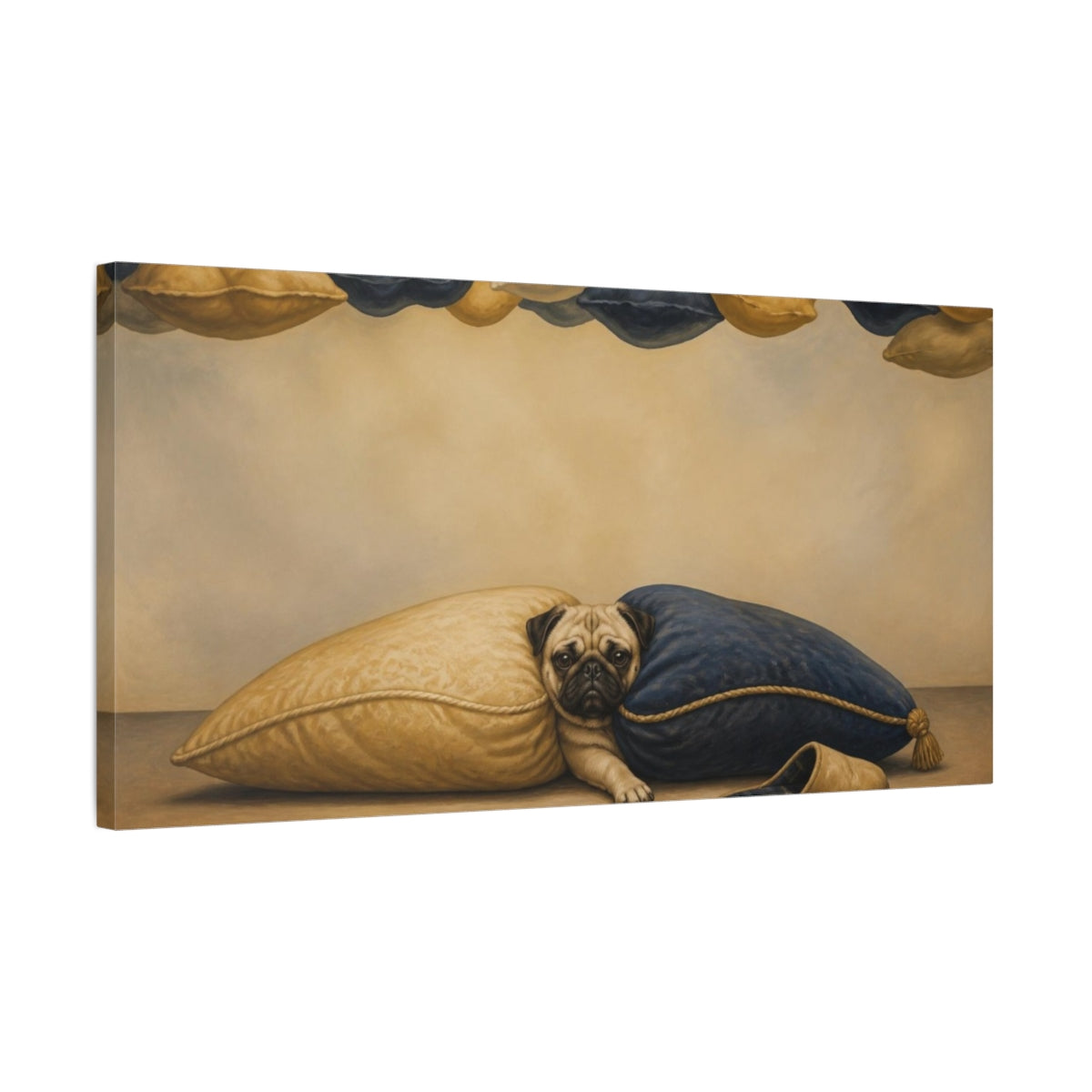 Side Mockup 1. Funny Pug Between Pillows shown as canvas print