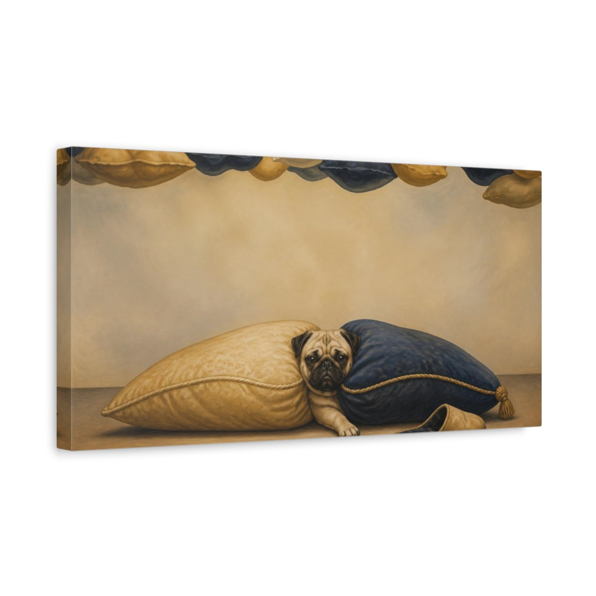 Side Mockup 3. Funny Pug Between Pillows shown as canvas print