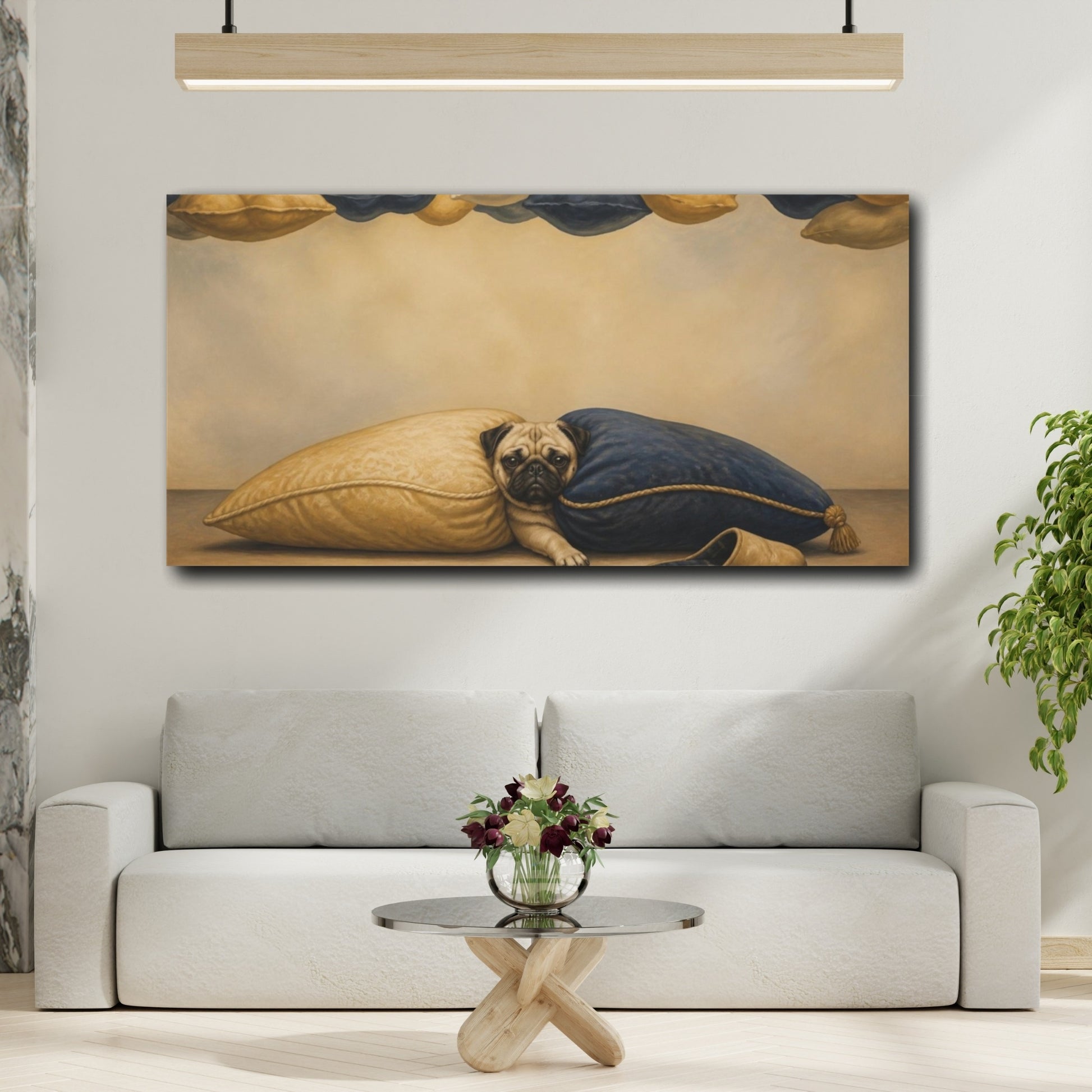 Mockup 2. Funny Pug Between Pillows shown as canvas print