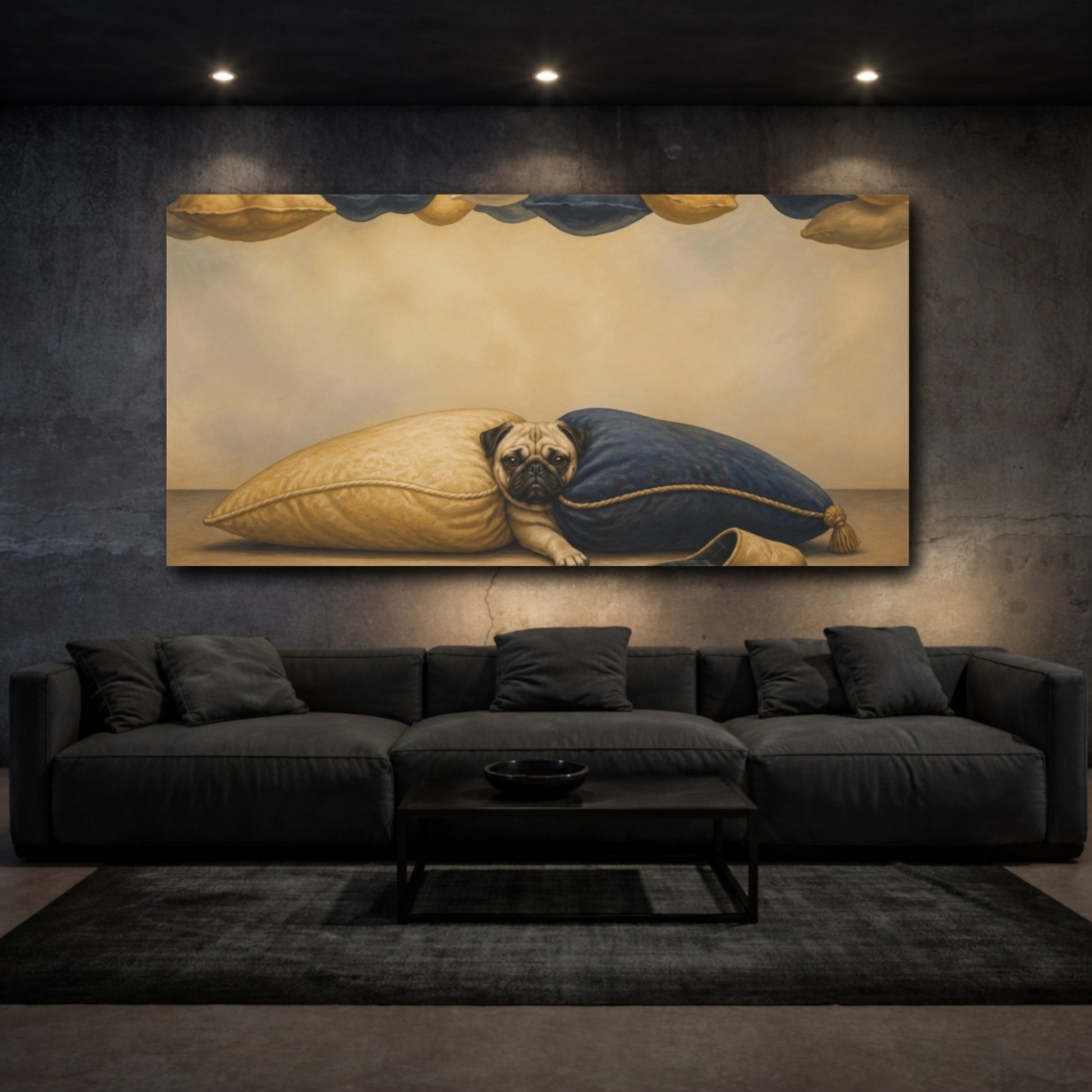 Mockup 3. Funny Pug Between Pillows shown as canvas print