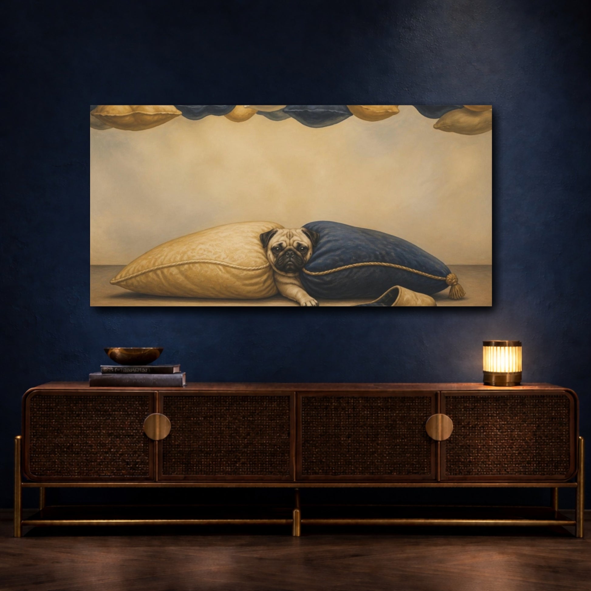 Mockup 4. Funny Pug Between Pillows shown as canvas print