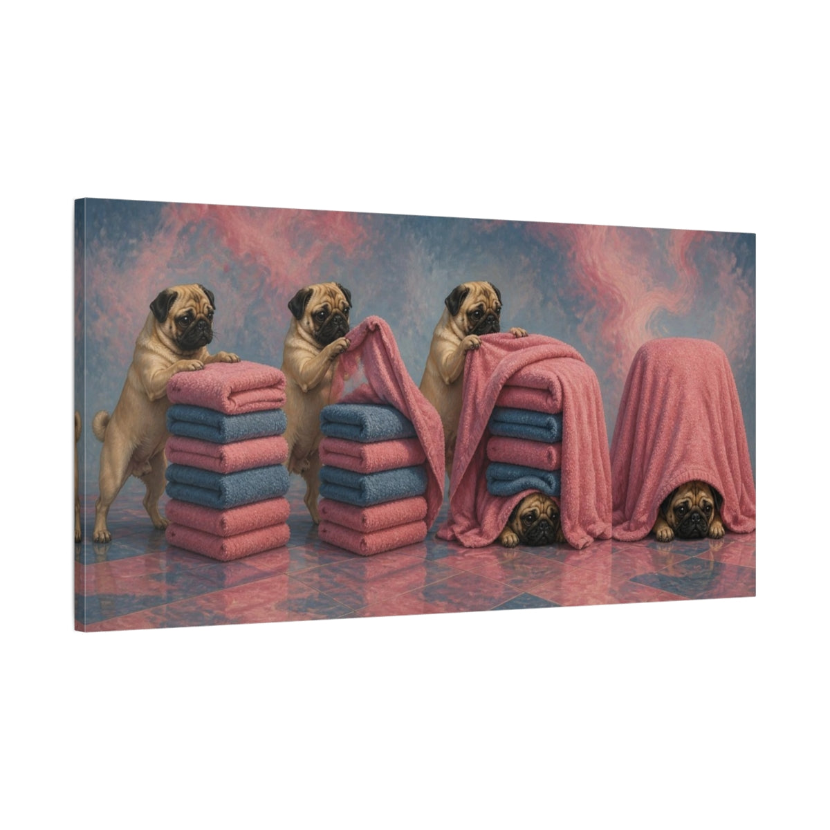 Main Mockup. Funny Pug Towel Hideout shown as canvas print