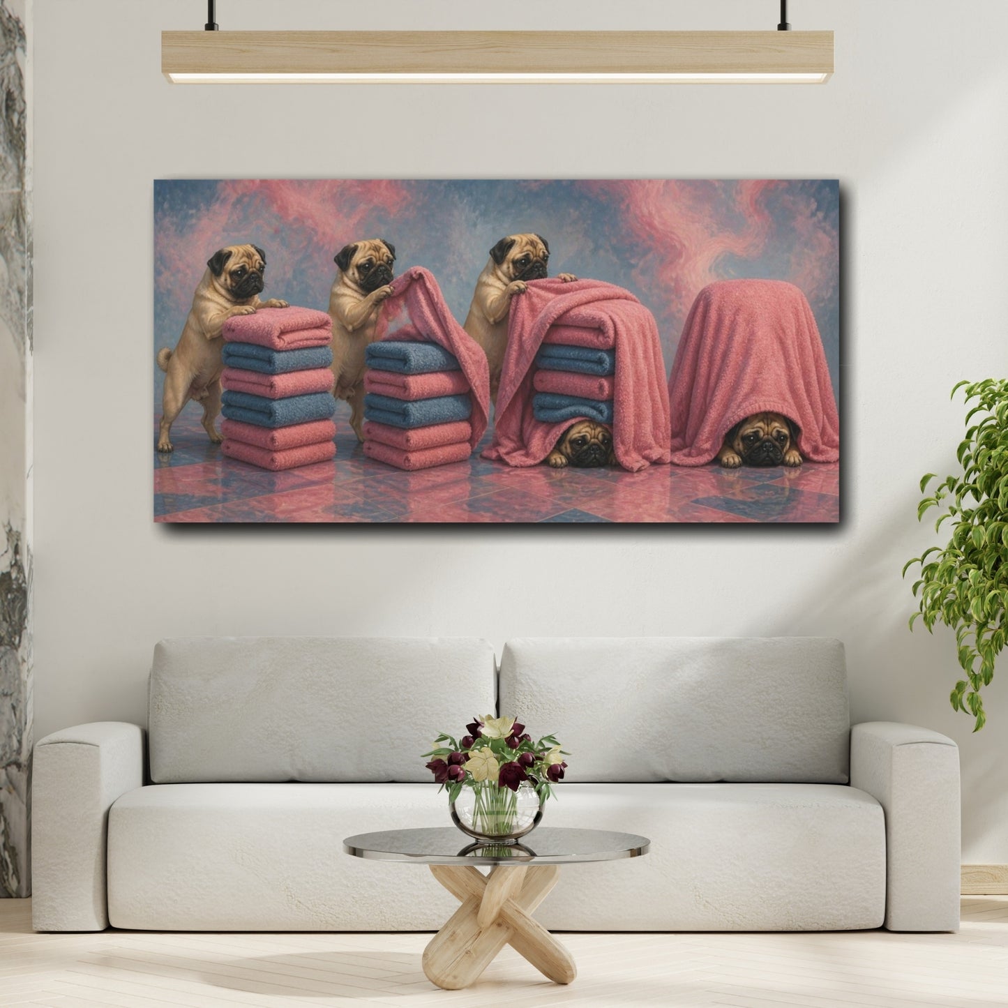 Mockup 2. Funny Pug Towel Hideout shown as canvas print