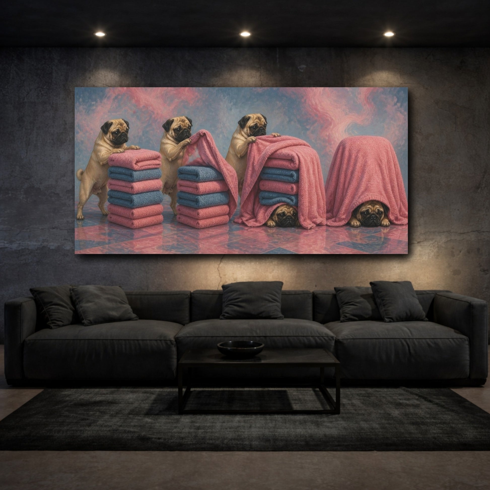 Mockup 3. Funny Pug Towel Hideout shown as canvas print