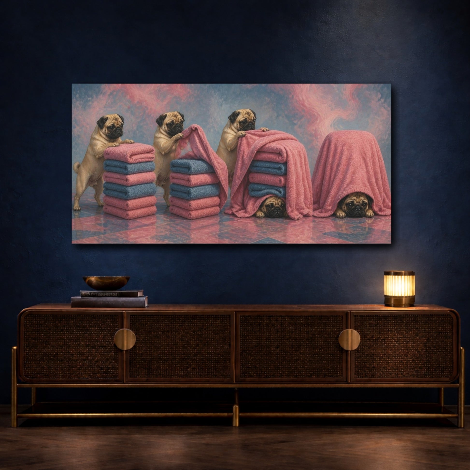 Mockup 4. Funny Pug Towel Hideout shown as canvas print