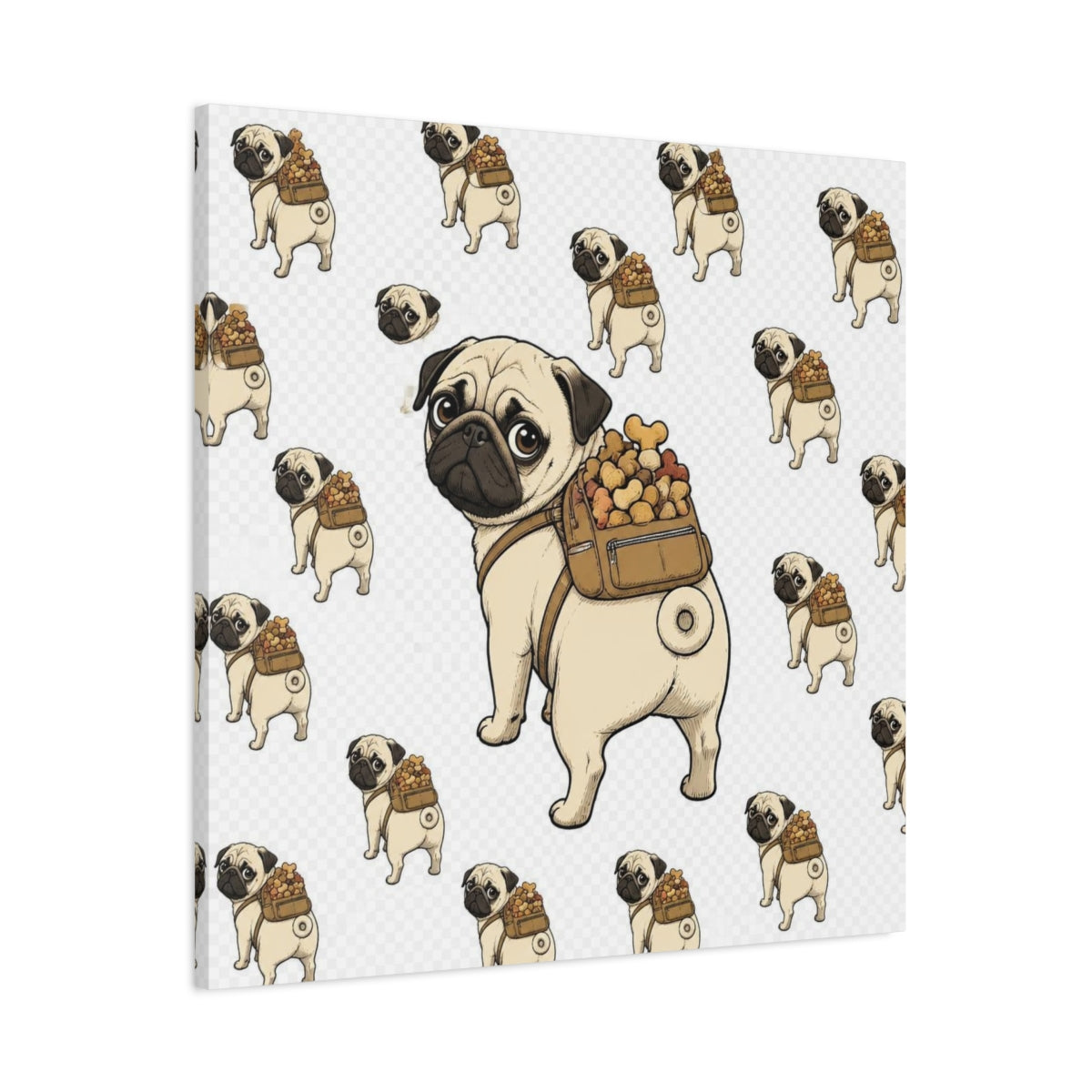 Main Mockup. Funny Pug With Backpack shown as canvas print