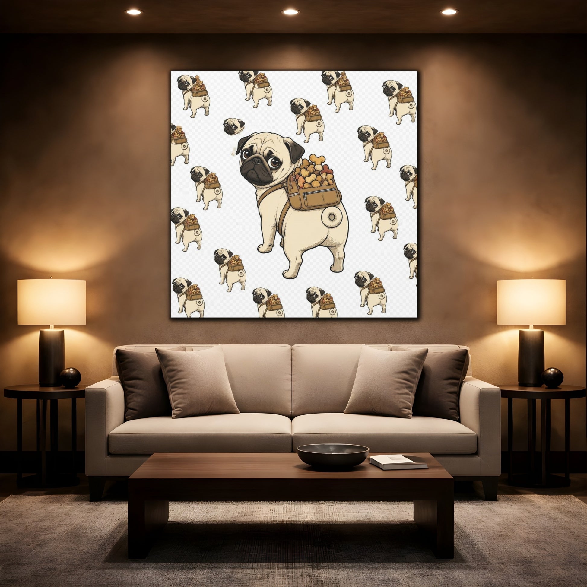 Mockup 2. Funny Pug With Backpack shown as canvas print