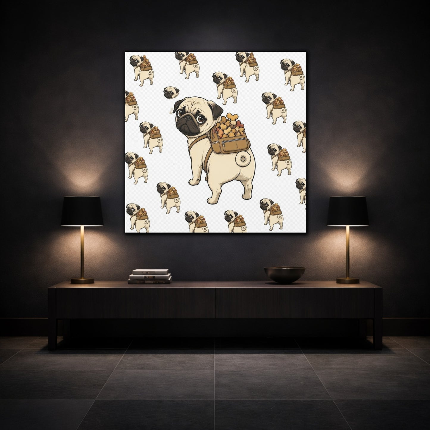 Mockup 3. Funny Pug With Backpack shown as canvas print