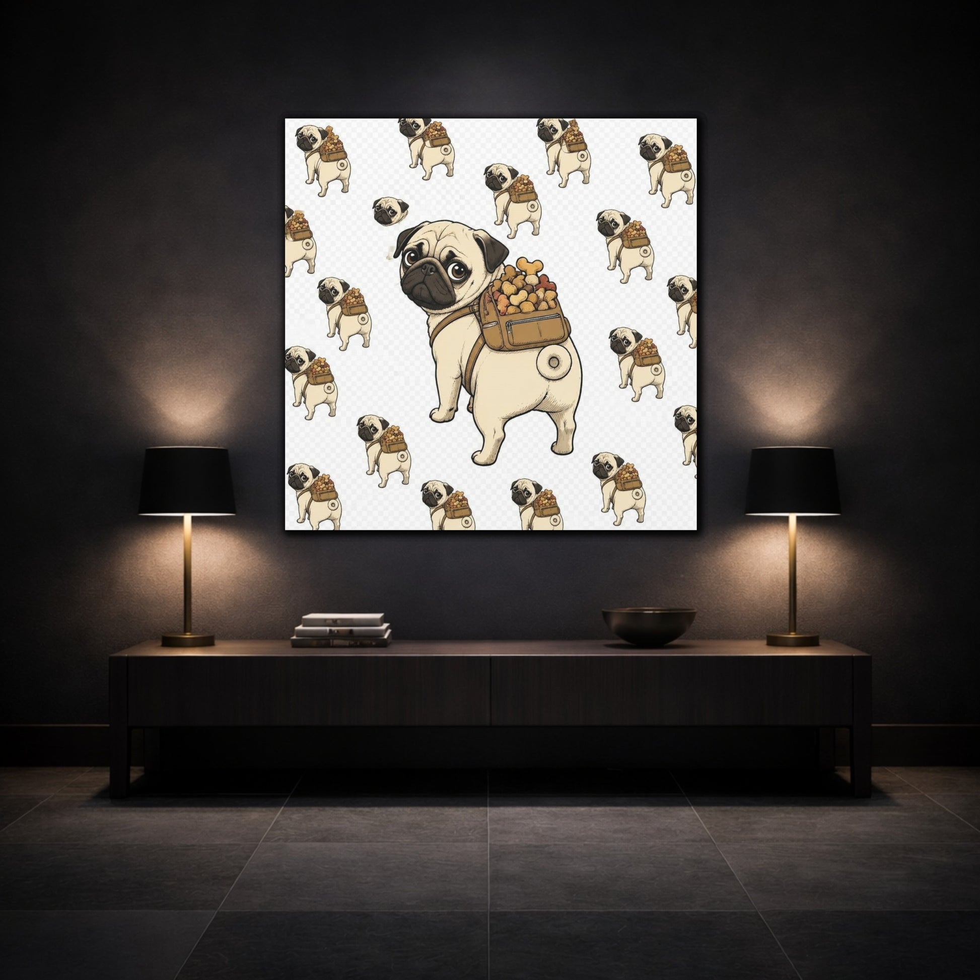 Mockup 3. Funny Pug With Backpack shown as canvas print