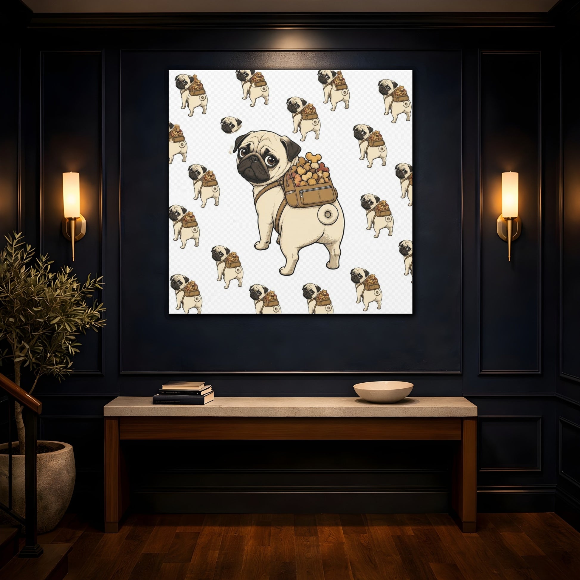 Mockup 4. Funny Pug With Backpack shown as canvas print