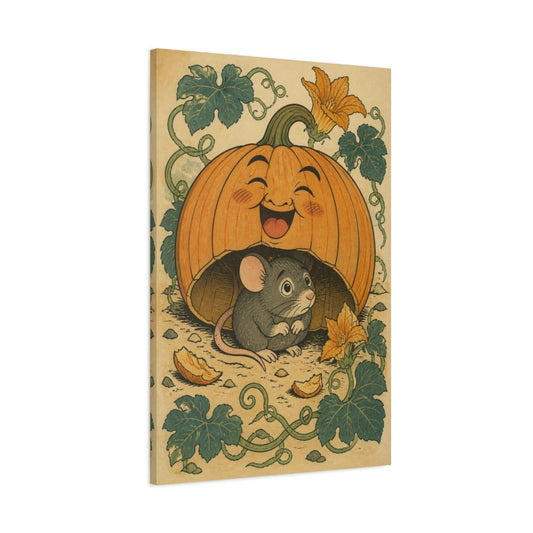 Main Mockup. Funny Pumpkin Mouse shown as canvas print